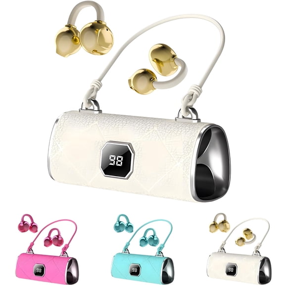 Fashionable Clip-On Wireless Headphones, Handbag-Style Clip-On Earphones, LED HD Display (White)