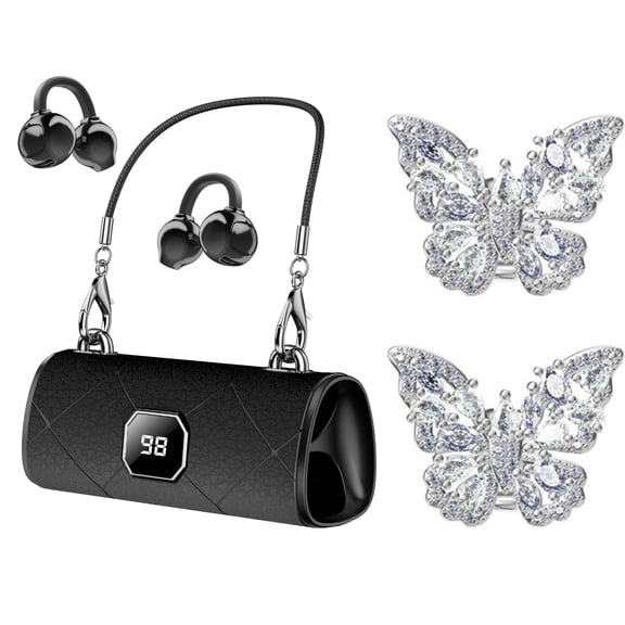 Fashionable Clip On Wireless Headphones with HandbagStyle,open ear clip on earbuds,cute Removable Earring Luxury Leather Texture,Bluetooth 6.0,LED HD Display(Blue)