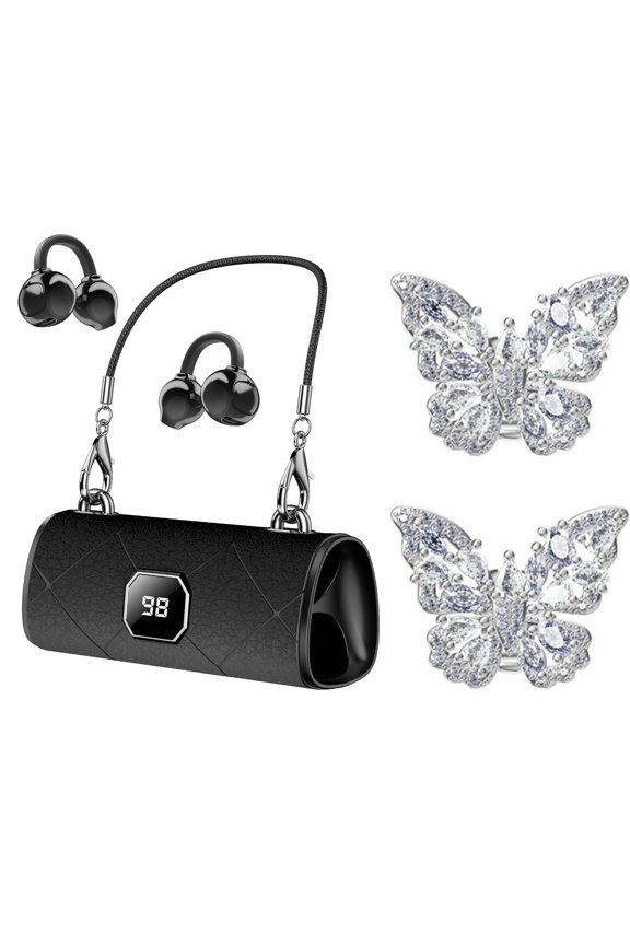 Fashionable Clip On Wireless Headphones with HandbagStyle,open ear clip on earbuds,cute Removable Earring Luxury Leather Texture,Bluetooth 6.0,LED HD Display(Blue)