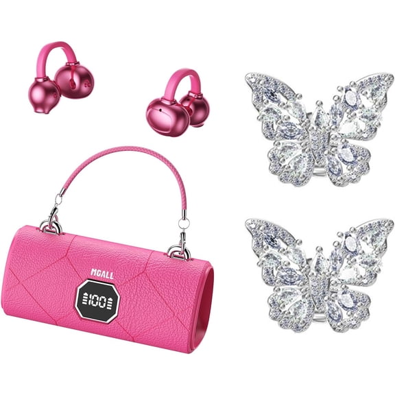 Fashionable Clip On Wireless Headphones with HandbagStyle,open ear clip on earbuds,cute Removable Earring Luxury Leather Texture,Bluetooth 6.0,LED HD Display(Pink)