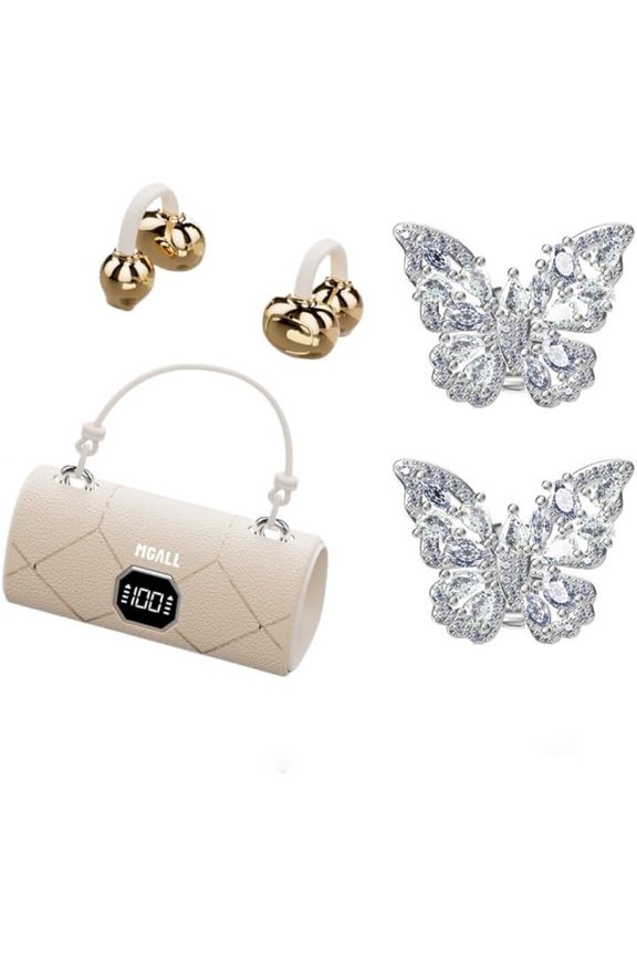 Fashionable Clip On Wireless Headphones with HandbagStyle,open ear clip on earbuds,cute Removable Earring Luxury Leather Texture,Bluetooth 6.0,LED HD Display(White)