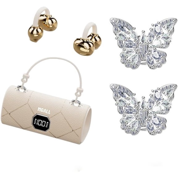 Fashionable Clip On Wireless Headphones with Handbag‑Style,open ear clip on earbuds,cute Removable Earring Luxury Leather Texture,Bluetooth 6.0,LED HD Display(White)