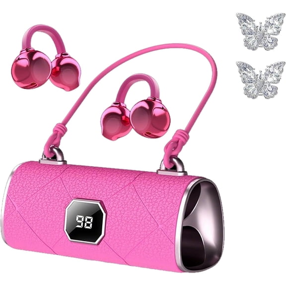 Fashionable Clip on Wireless Headphones with Handbagstyle, Open Ear Clip on Earbuds, Cute Removable Earring Luxury Leather Texture, Bluetooth 6.0, LED HD Display, 50h Play, For Women, Red2
