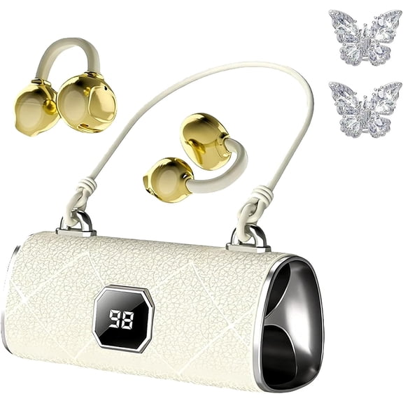 Fashionable Clip on Wireless Headphones with Handbagstyle, Open Ear Clip on Earbuds, Cute Removable Earring Luxury Leather Texture, Bluetooth 6.0, LED HD Display, 50h Play, For Women, Beige2
