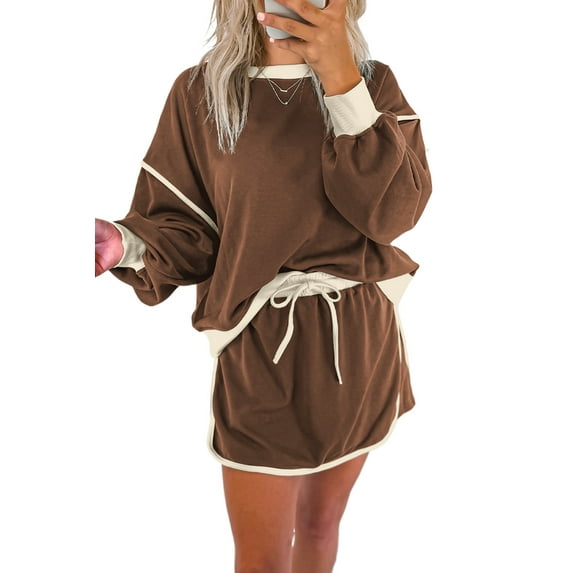 Fashionable Coffee Color Contrast Loose Pullover and Lace-Up Waist Skort Set for Women - [ZhiHiMeRi] | (US 12-14)L