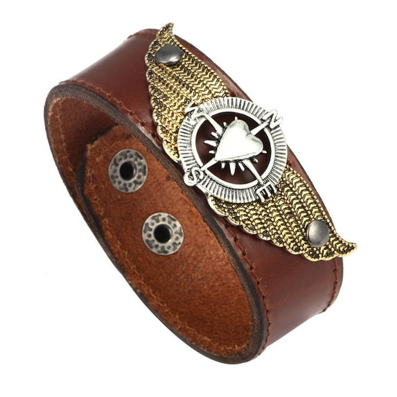 Fashionable Cowhide Wide Cuff Leather Bracelet Heart Wing Woven Bangle Men Jewelry (Brown)