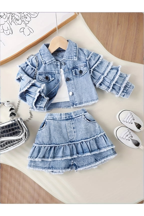 Fashionable Denim Two-piece Set for Baby Girls, Spring & Summer Outdoor Wear, Ruffled Sleeve Jacket + Skirt Outfit