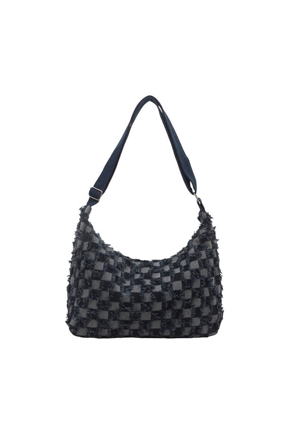 Fashionable Denims Checkered Tassels Shoulder Bag for Women Large Capacity Jeans Distressed Zippered Crossbody Handbag