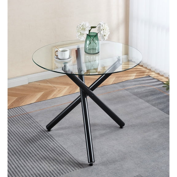 Fashionable Dining Table With Metal Leg And Transparent Tempered Glass Space Saving Work Desk Stable Legs