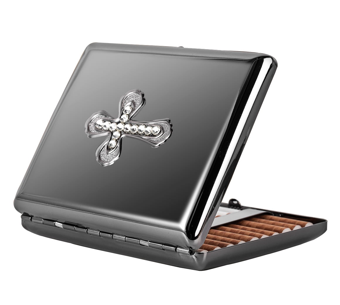 vintage cigarette case 100s Fashionable and Exquisite Swarovski Cross Metal Vintage Cigarette Case for  Men and Women - Holds 20pcs 100's Cigarettes - RFID Credit Card Holder  (Black)