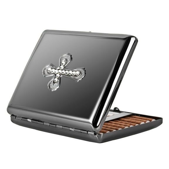 Fashionable and Exquisite Swarovski Cross Metal Vintage Cigarette Case for Men and Women - Holds 20pcs 100's Cigarettes - RFID Credit Card Holder (Black)