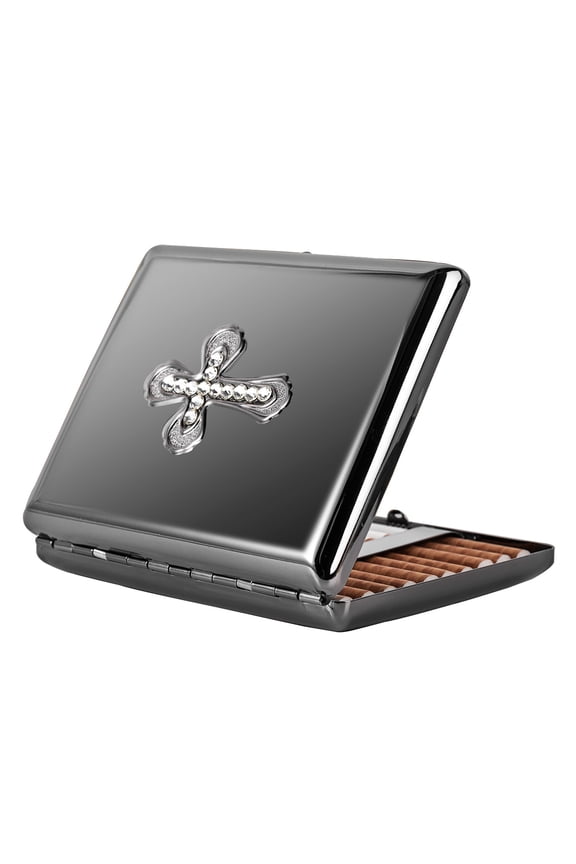 Fashionable and Exquisite Swarovski Cross Metal Vintage Cigarette Case for Men and Women - Holds 20pcs 100's Cigarettes - RFID Credit Card Holder (Black)