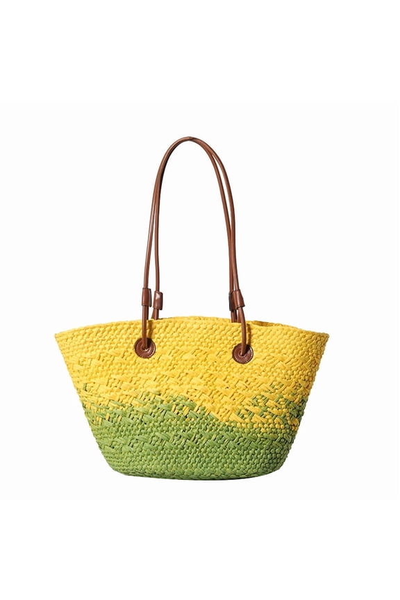 Fashionable Female Weave Shoulder Bag for Beach Vacation and Travel Colorful Woven Straw Handbag Large Basket Bucket Bag