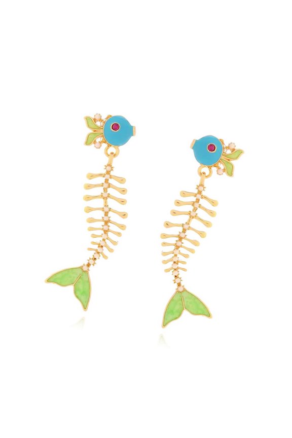 Fashionable Fishbone Drops Earrings With Enameled Detailing And Long Dangling Design For Women