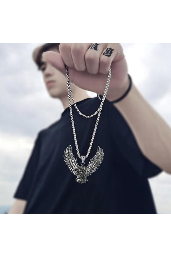 Fashionable Flying Eagle Animal 14K White Gold Pendant Necklace Men's Personalized Motorcycle Rock Cycling Hip-Hop Trendy Jewelry