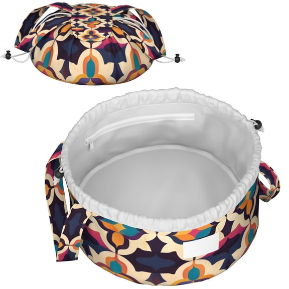 Fashionable Full-Print Drawstring Cosmetic & Makeup Bag – Large Portable Makeup Organizer with Inner Zipper Pocket & Mesh Compartment, Travel Toiletry Bag for Women