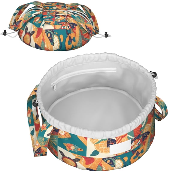 Fashionable Full-Print Drawstring Cosmetic & Makeup Bag – Large Portable Makeup Organizer with Inner Zipper Pocket & Mesh Compartment, Travel Toiletry Bag for Women