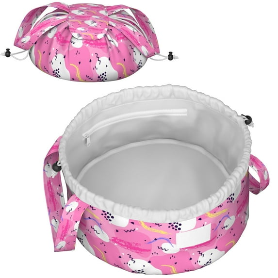 Fashionable Full-Print Drawstring Cosmetic & Makeup Bag – Large Portable Makeup Organizer with Inner Zipper Pocket & Mesh Compartment, Travel Toiletry Bag for Women