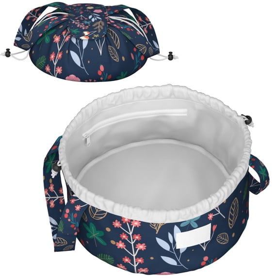 Fashionable Full-Print Drawstring Cosmetic & Makeup Bag – Large Portable Makeup Organizer with Inner Zipper Pocket & Mesh Compartment, Travel Toiletry Bag for Women