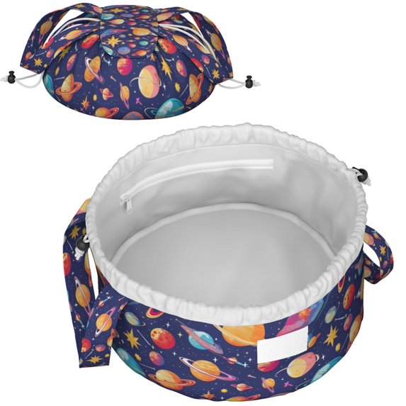 Fashionable Full-Print Drawstring Cosmetic & Makeup Bag – Large Portable Makeup Organizer with Inner Zipper Pocket & Mesh Compartment, Travel Toiletry Bag for Women