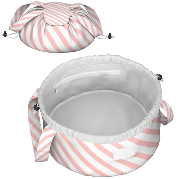 Fashionable Full-Print Drawstring Cosmetic & Makeup Bag – Large Portable Makeup Organizer with Inner Zipper Pocket & Mesh Compartment, Travel Toiletry Bag for Women