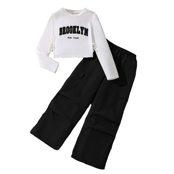 Fashionable Girls Set with Letter Print Sweatshirt and Wide Leg Cargo Jogger Pants for Fall