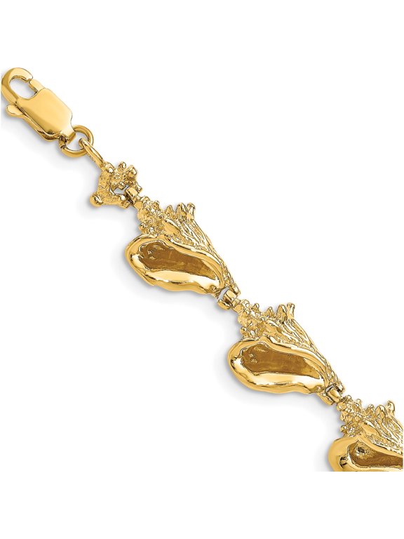 14K Yellow Gold Polished 3-D Conch Shell Link 7.25 inch Bracelet