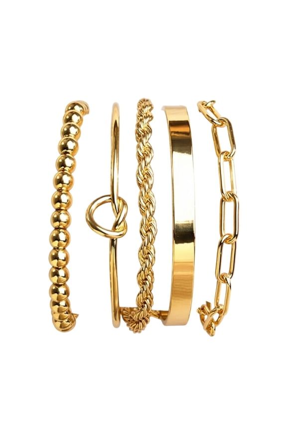 Fashionable Gold Bracelet Set with Cuban Chain and Adjustable Bead Design Stackable Metallic Jewelry for Everyday Wear and Occasions 5 Piece Pack 5PCS,15 cm,Gold