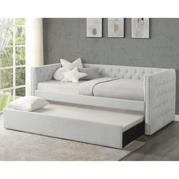 Fashionable Gray Daybed With Button Pillowcases And Elegant Nailhead Trim Attractive Bedroom Concept Pillow Sham Pair Graceful