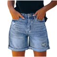 thumbnail image 1 of Fashionable High Rise Rolled Edge Denims Shorts For Women Solid Color Short Jeans With Distressed Detail And Pockets, 1 of 20