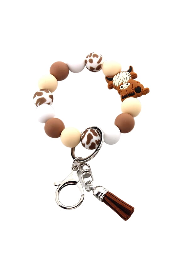 Fashionable Highlands Cow Wristlet Keychain Cattle Elk Silicone Beaded Tassels Keyring Pendant Charm for Everyday Use