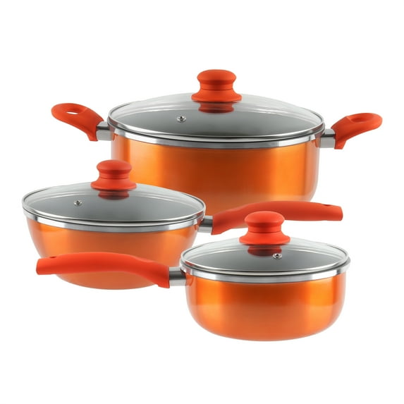 Fashionable Home Kithchen 6-Piece Stainless Steel Cookware Set: Mirror Polished, Induction Bottom, Straight Shape, SS Lids, Sturdy Handles and Knobs, Orange