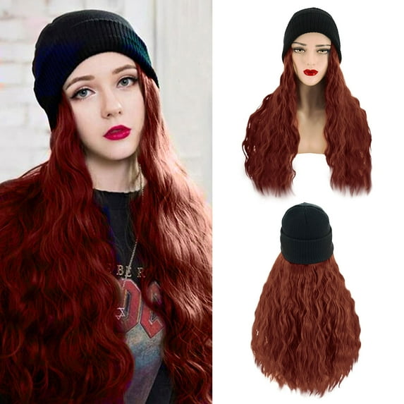 Fashionable Hooded Wig Knit Hat for Women Featuring Long Curly Hair for Everyday Use in Multiple Colors