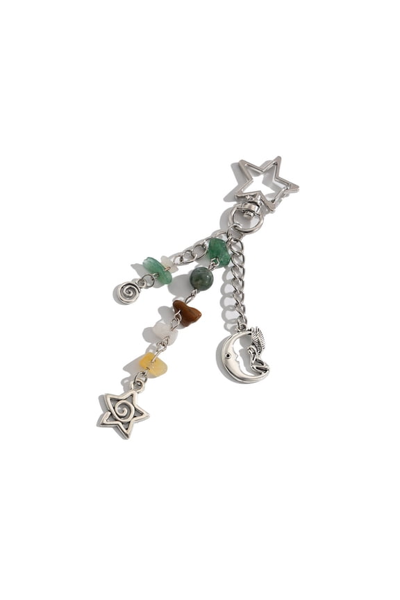 Fashionable Irregular Stone Keychain Colorful Beads Keyring with Star Moon Sun Pendant Lightweight Key Accessory