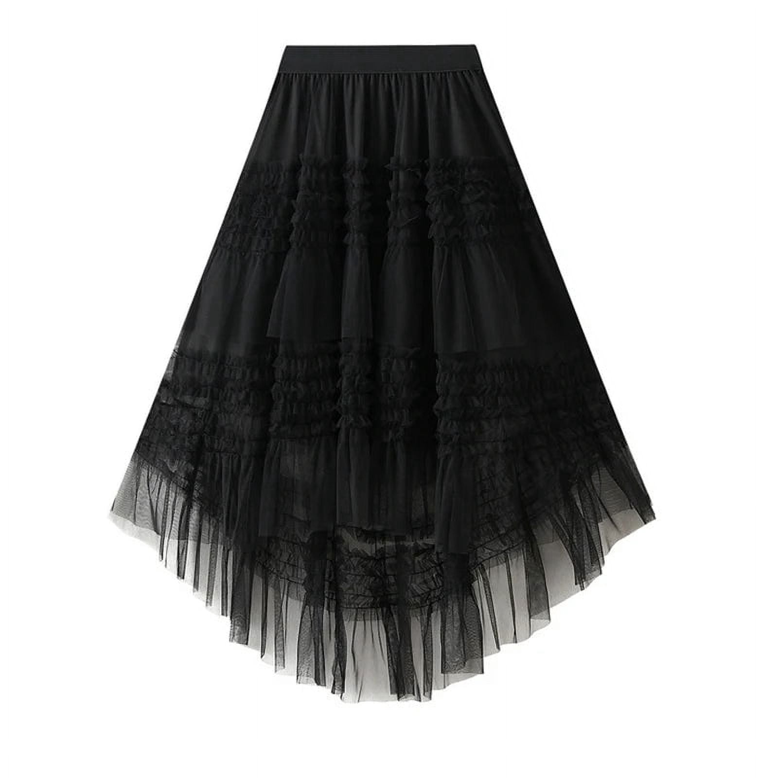 Fashion Irregular Hem Tulle Mid Calf Long Solid Casual Elastic High Waist Mesh Pleated Skirt