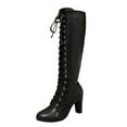 thumbnail image 1 of Fashionable Knee High Boots Solid Leather Lace Up Side Zipper Comfortable Mid Heel Footwear for Autumn Winter, 1 of 9