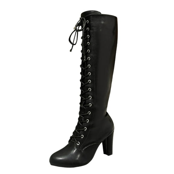 Fashionable Knee High Boots Solid Leather Lace Up Side Zipper Comfortable Mid Heel Footwear for Autumn Winter