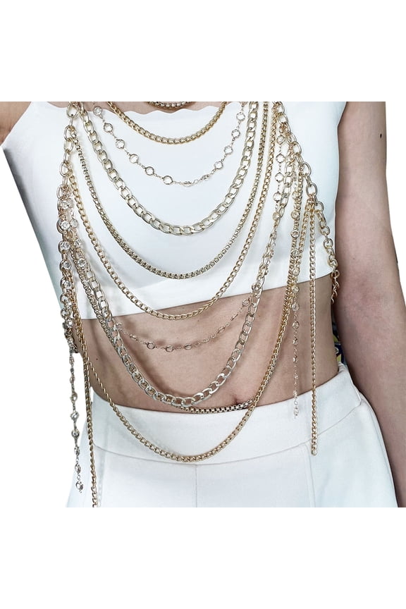 Fashionable Ladies Crystal Layered Body Chain Necklace Rhinestones Body Jewelry Halterneck Crop Top for Parties Event