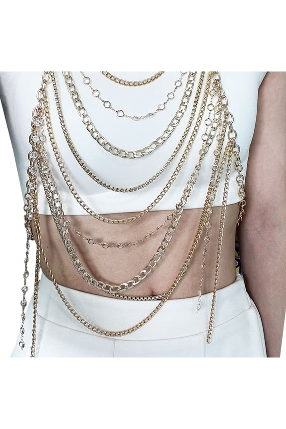 Fashionable Ladies Crystal Layered Body Chain Necklace Rhinestones Body Jewelry Halterneck Crop Top for Parties Event