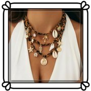 Fashionable Layered Leopard Ribbon Rope Conch Coin Necklace - with Sea Star, Shell, Pearl, as well as Sun Pendant choker - Summer Beach Women's 3-Piece Set[y609]