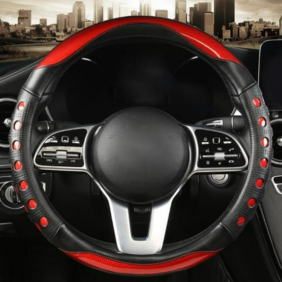 Fashionable Leather Steering Wheel Cover Breathable Anti-Slip Sporty Four Seasons Universal 15 Inch Steering Wheel Cover, Red