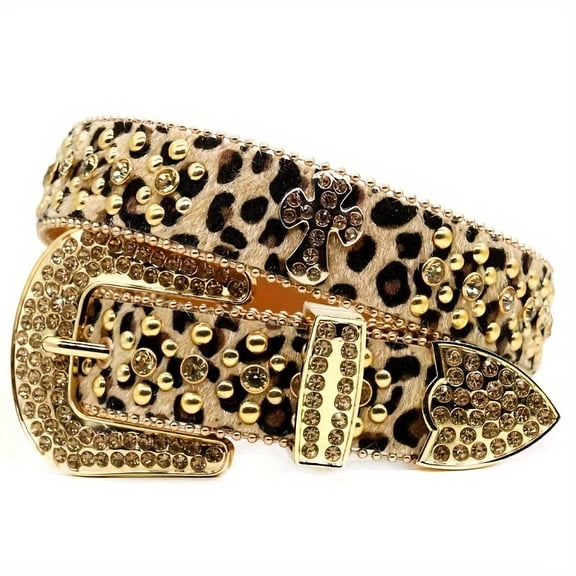 Fashionable Leopard Print Waist Belt, Rhinestone Belt, Y2k Style Belt For Men