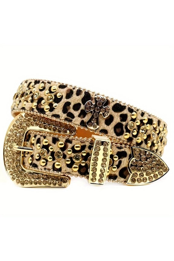 Fashionable Leopard Print Waist Belt, Rhinestone Belt, Y2k Style Belt For Men