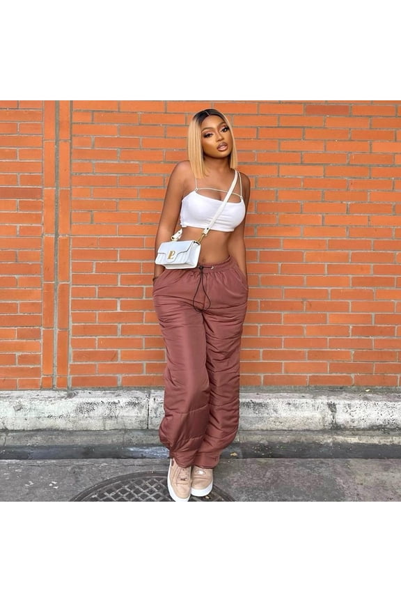 Fashionable Long Puffer Pants (L, Brown)