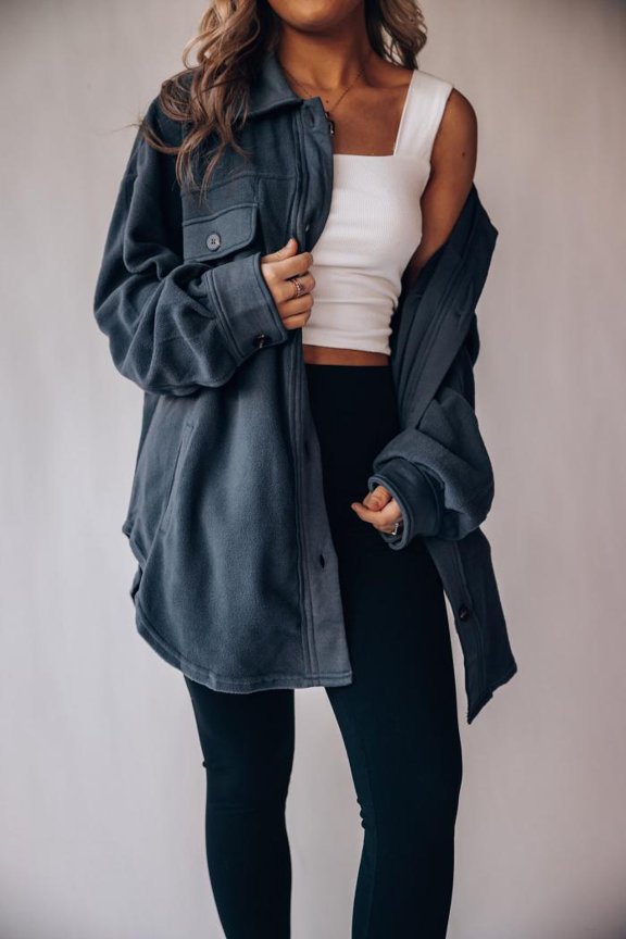 Fashionable Long Sleeve Loose Fit Solid Shacket (L, MoroccanBlue)