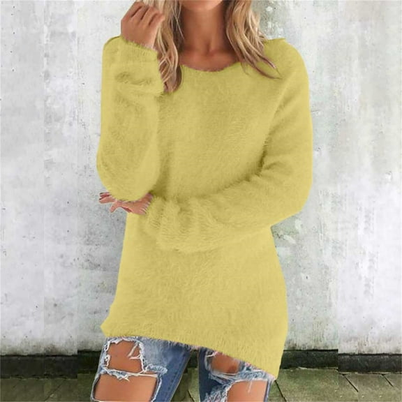 Fashionable Long Sleeve Pullovers, Loose Fuzzy Jumper Sweater, Polyester   Spandex, Soft Comfortable, Yellow 3XL, Size S-XXXXXL