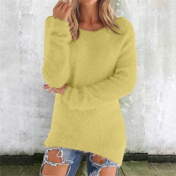 Fashionable Long Sleeve Pullovers, Loose Fuzzy Jumper Sweater, Polyester + Spandex, Soft Comfortable, Yellow L, Size S-XXXXXL