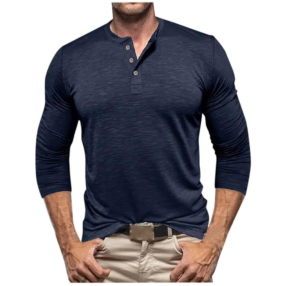 Fashionable Long Sleeve Shirts for Men Crewneck Solid-Color Casual Buttons Basic Pullover Shirt S-3XL