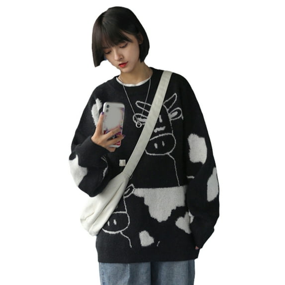 Fashionable Loose Sweaters for Women Teens Girls Cow Pattern Knitted Sweater Casual Crewneck Sweaters with Long Sleeves