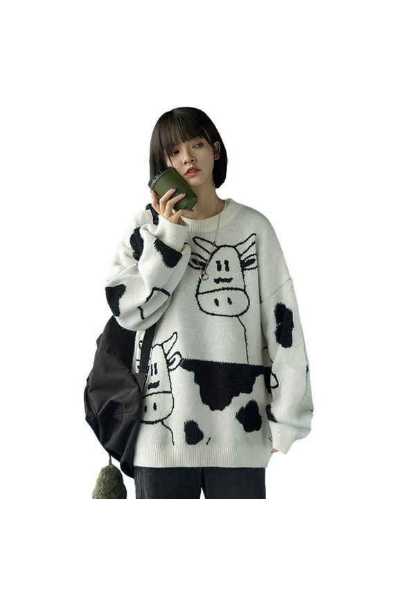 Fashionable Loose Sweaters for Women Teens Girls Cow Pattern Knitted Sweater Casual Crewneck Sweaters with Long Sleeves